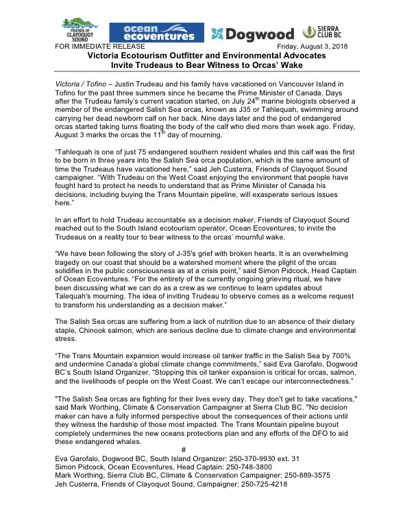 Victoria Ecotourism Outfitter and Environmental Advocates Invite Trudeaus to Bear Witness to Orcas’ Wake